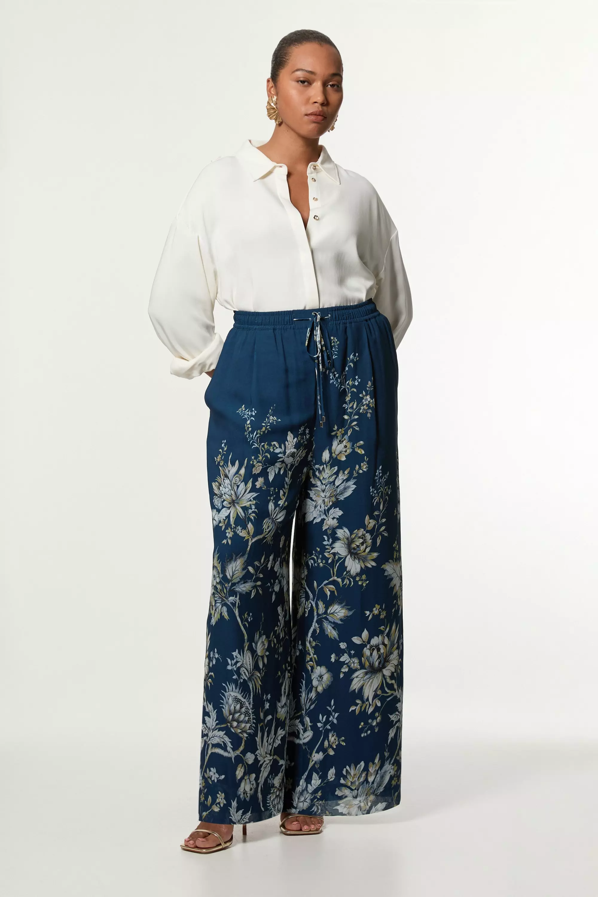 Plus Size Border Print Viscose Piped Woven Wide Leg Pants Karen Millen